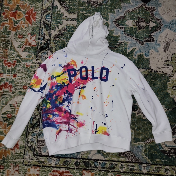 Paint splatter design original Polo Ralph Lauren white hoodie Sz. XL 16 - Picture 1 of 6
